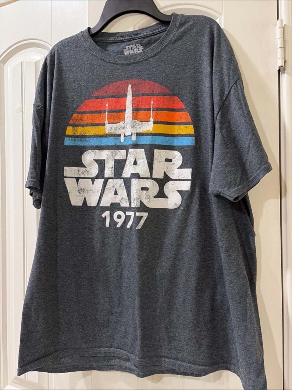 Star Wars Dark Gray Tee with Red Orange Yellow Blue Retro Sun